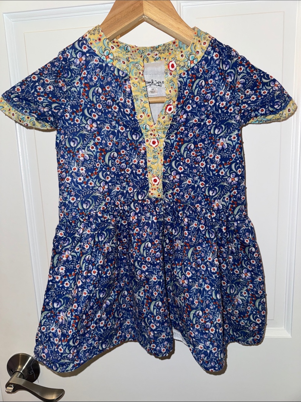 Pippa & Julie Blue Floral Casual Kids Dress with Yellow Trim